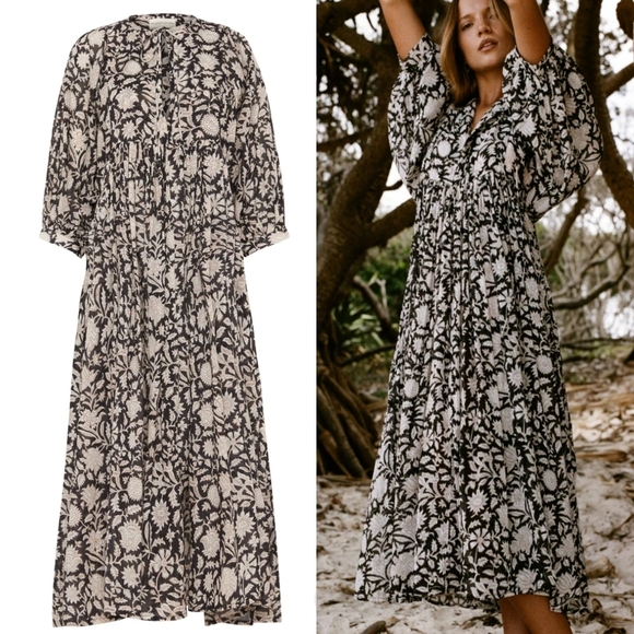 Daughters of India Kyra Boho Preppy Ethereal Cotton Midi Dress Pepper Floral XL - Picture 1 of 16
